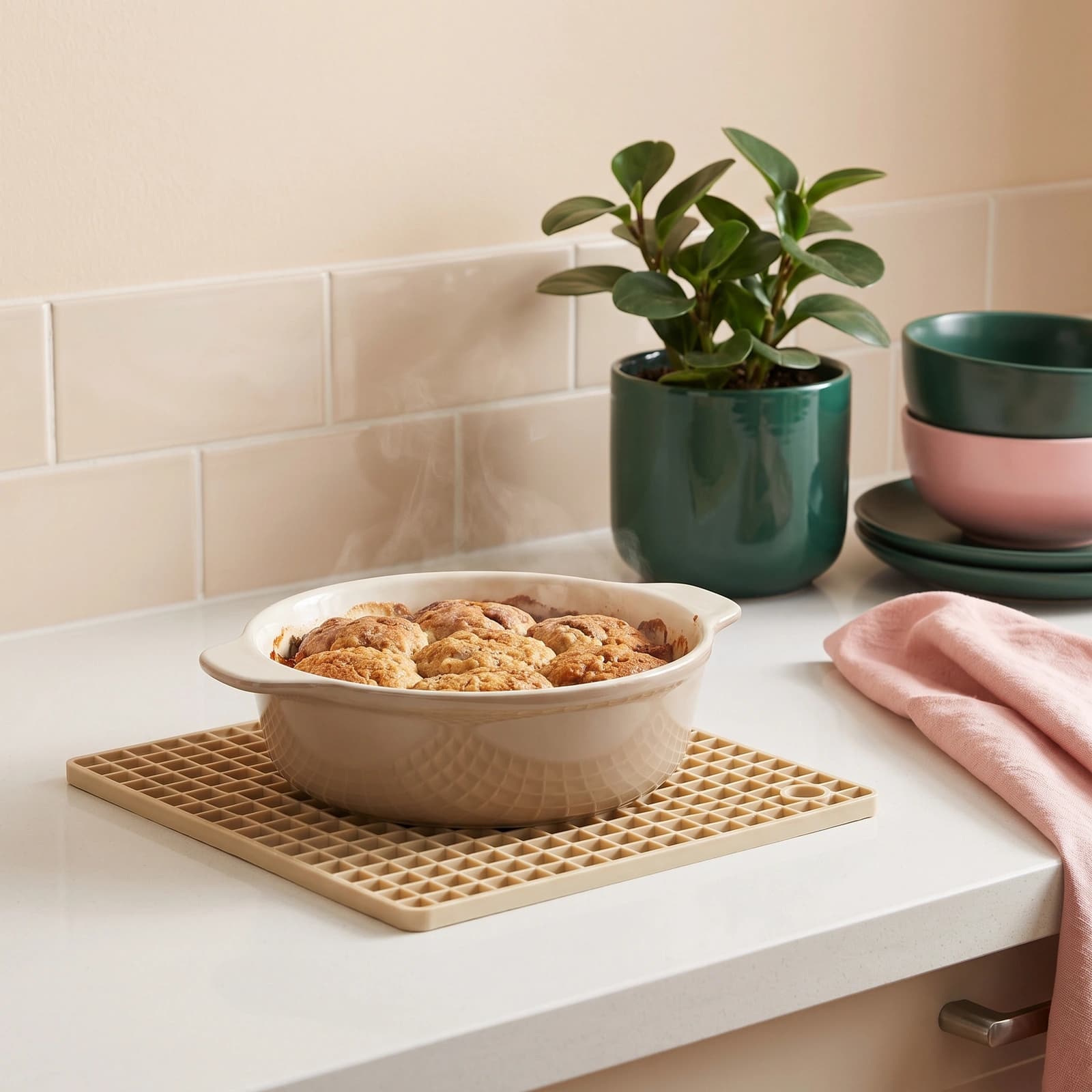 Square beige silicone heat resistant mat with a grid pattern and a small hanging hole, placed in white foam packaging.