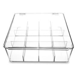Clear acrylic storage box with a hinged lid and 12 compartments, filled with tea bags and coffee pods on a kitchen counter. - view 3