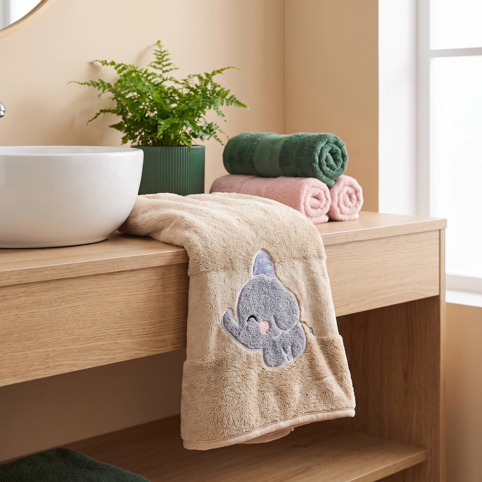 Folded beige microfiber towel with a grey elephant wearing a blue striped hat embroidered on it, on a grey textured surface.