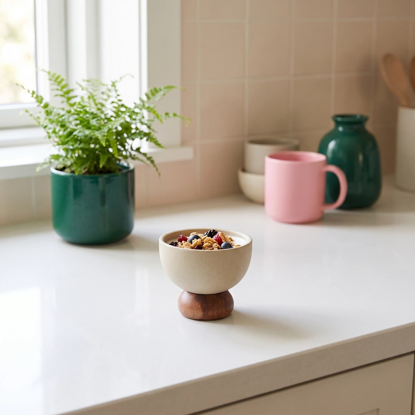 Ceramic Cup with Wooden Base - Beige & Brown