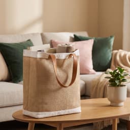 Rectangular natural brown jute tote bag with white canvas trim and light brown faux leather handles, standing on a white she… - view 1