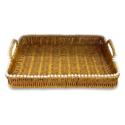 Two rectangular woven khous serving trays, brown with white pearl-like beads along the rim, stacked on a white background. - view 5