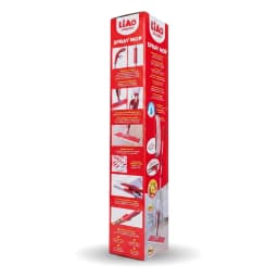 Red spray mop with a white microfiber pad, shown on its red and white product packaging box. - view 2