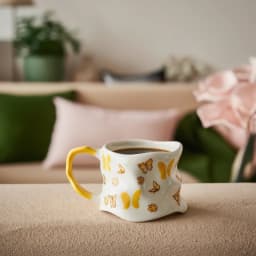 Off-white ceramic mug with a yellow handle and yellow butterfly and flower designs, on a white background - view 1