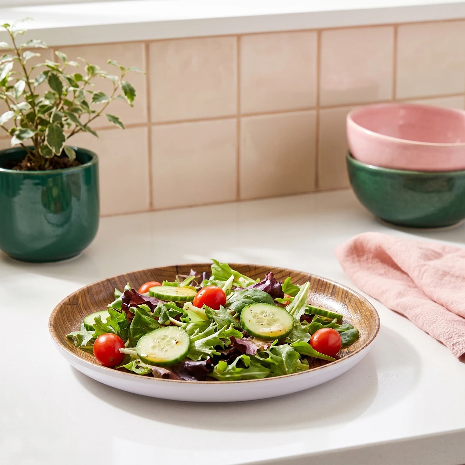 Round melamine plate with brown wood grain interior and white rim, holding a fresh salad on a white kitchen counter.