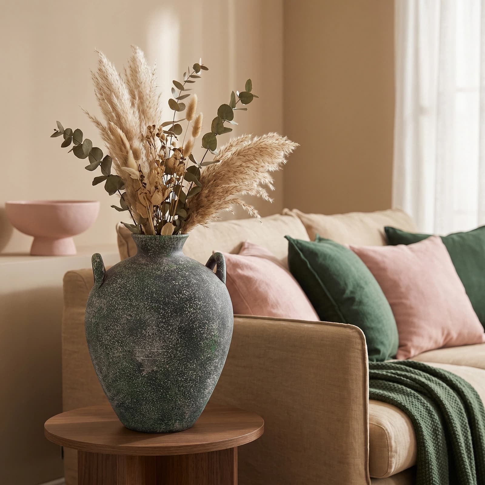 Single distressed green porcelain decorative vase with two small handles on a white background, showing textured finish.
