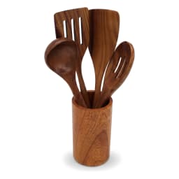 Wooden Kitchen Utensil Set with Holder - 5 Pieces Brown - view 2