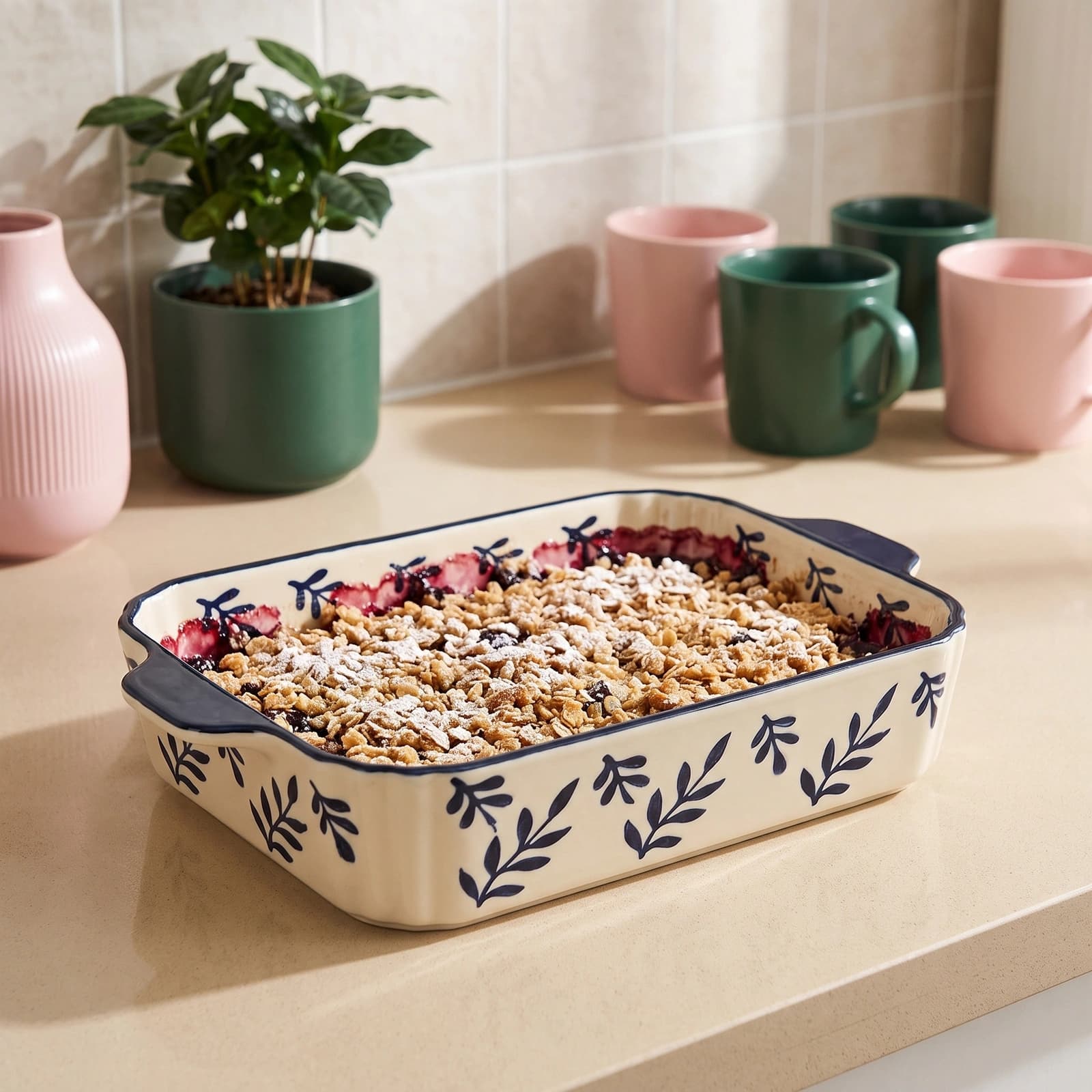 Cream porcelain rectangular baking dish with dark blue leaf pattern and handles, 13 inches, on a white surface.