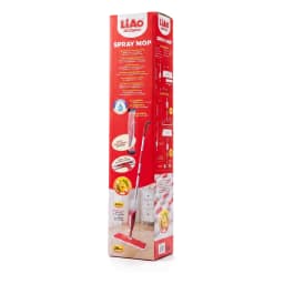 Red spray mop with a white microfiber pad, shown on its red and white product packaging box. - view 4
