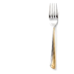 Single silver and gold stainless steel dinner fork with a curved handle, isolated on a clean white background. - view 3