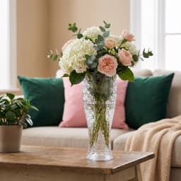 Tall clear glass vase with a repeating geometric octagon and square pattern on a white background. - view 1