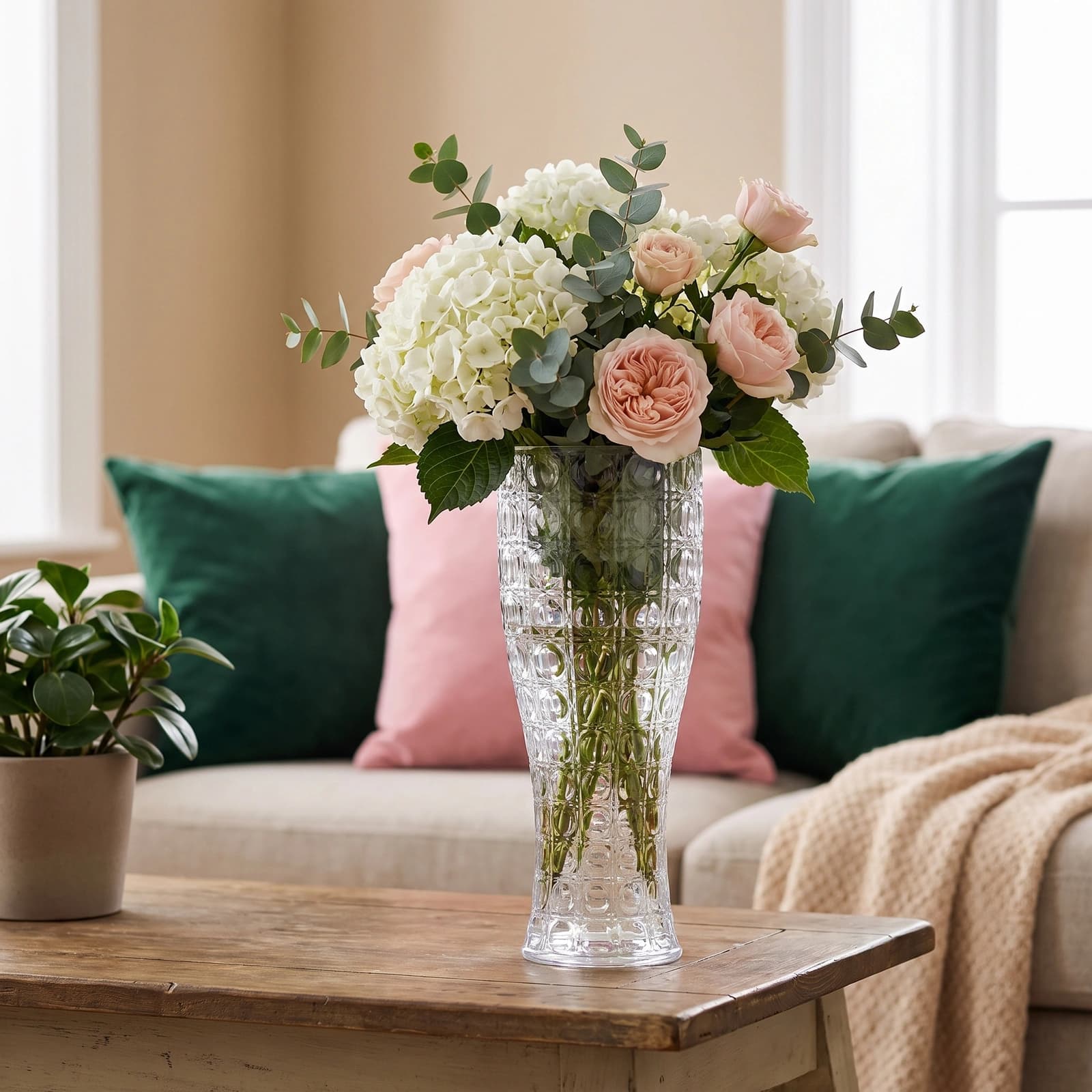 Tall clear glass vase with a repeating geometric octagon and square pattern on a white background.