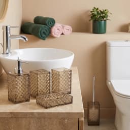 Five-piece smoky grey glass bathroom accessory set with diamond texture including soap dispenser, toilet brush holder, two c… - view 1