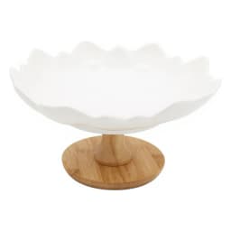 White Porcelain Serving Bowl with Wood Base - view 2