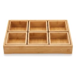 Light brown wood organizer with six square and rectangular compartments, arranged on a white background. - view 3