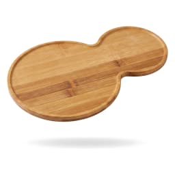 Light brown natural wood serving tray with two connected oval sections, elevated on small round feet, on a white background. - view 2