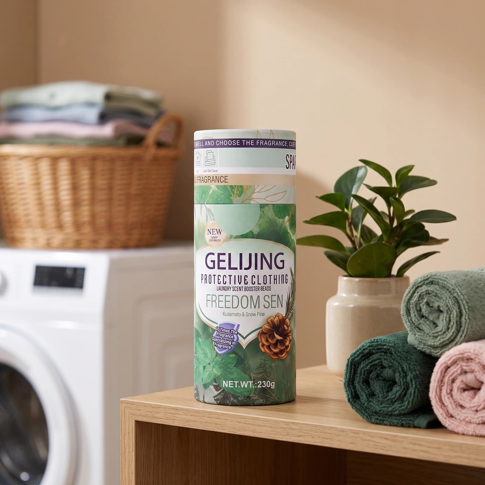 Green cylindrical container of laundry scent booster beads with pine cone and leaf design, 230g, on a white foam background.