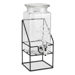 Clear rectangular glass beverage dispenser with an embossed design, silver spigot, and black metal stand on a white backgrou… - view 2