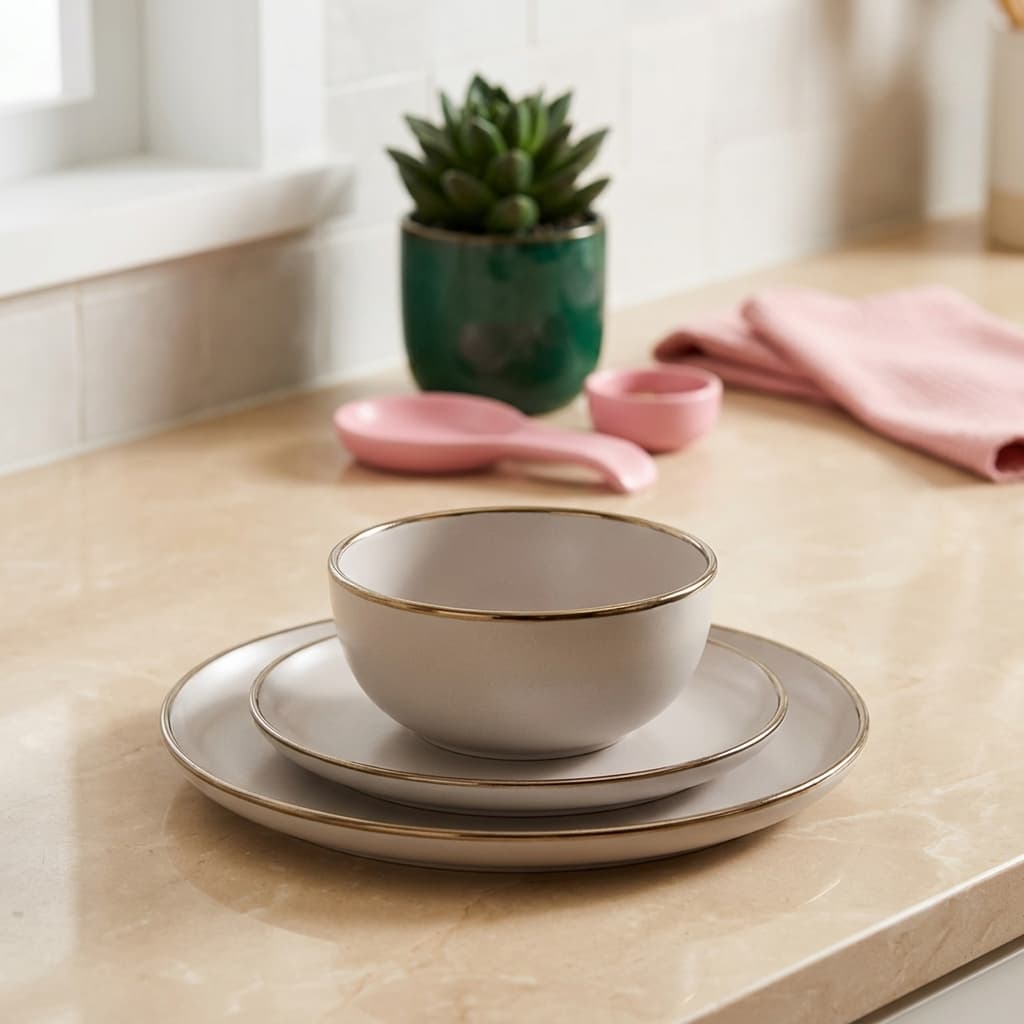porcelain Dinnerware Set 24 Pcs - Cream with Gold Rim