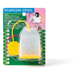 Single grey silicone tea infuser shaped like a tea bag with a yellow string and base, on a white background. - view 2