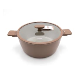 Taupe ceramic cooking pot with a clear glass lid and matching handles on a white background. - view 3