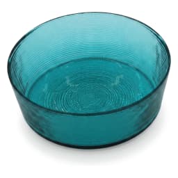 Single round shallow teal glass bowl with horizontal ribbed texture on a white background - view 3