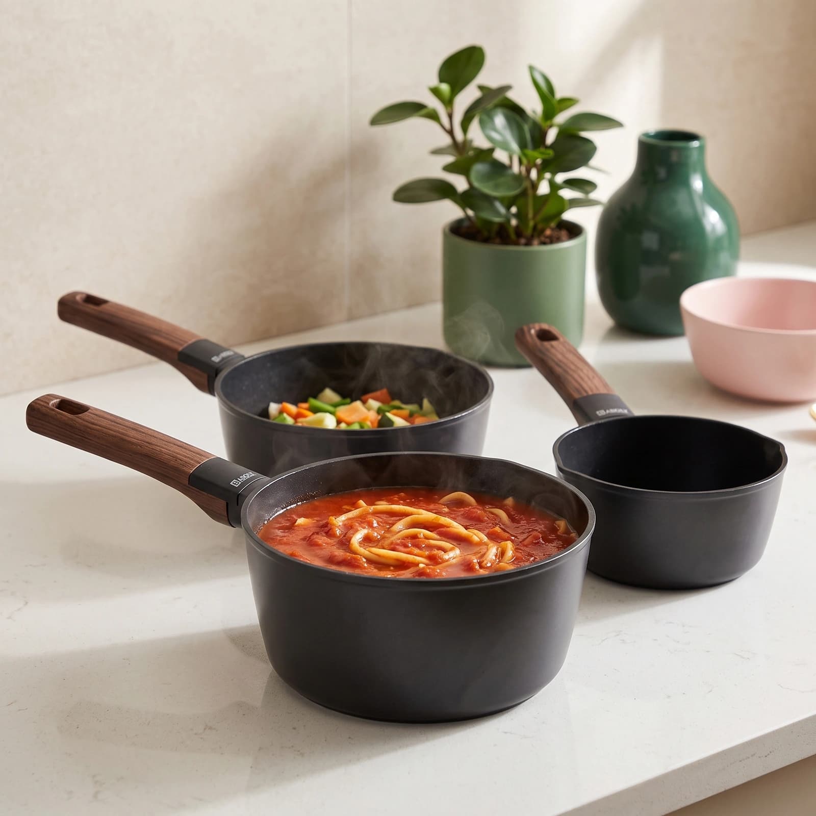 Set of three black ceramic saucepans with dark wood-look handles on a white kitchen counter, two filled with food.