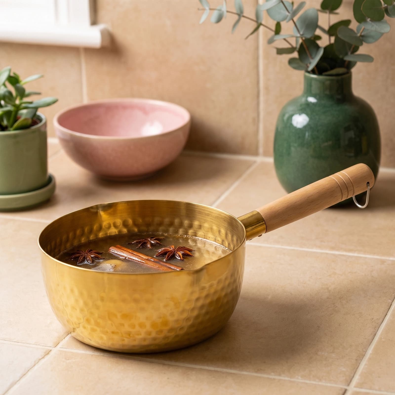 Golden hammered stainless steel milk pan with a light wooden handle, containing a clear liquid with star anise and cinnamon…