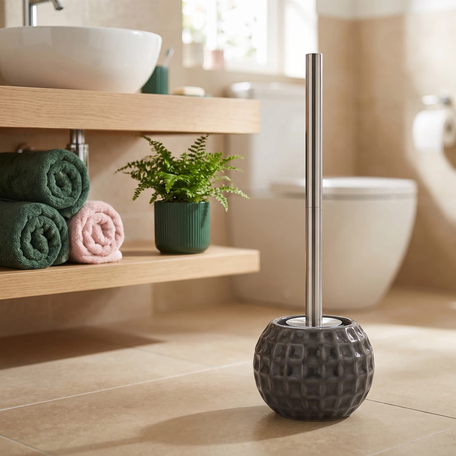Ceramic Toilet Brush - Dark Grey, Stainless Steel Handl