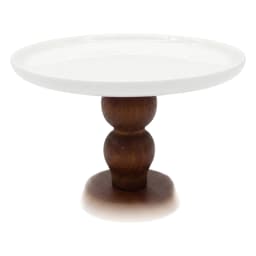Porcelain Cake Stand with Wooden Base - White - view 3