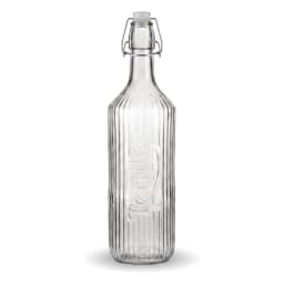 Clear ribbed glass bottle with a white swing top lid, filled with water and lemon slices, on a kitchen counter. - view 2