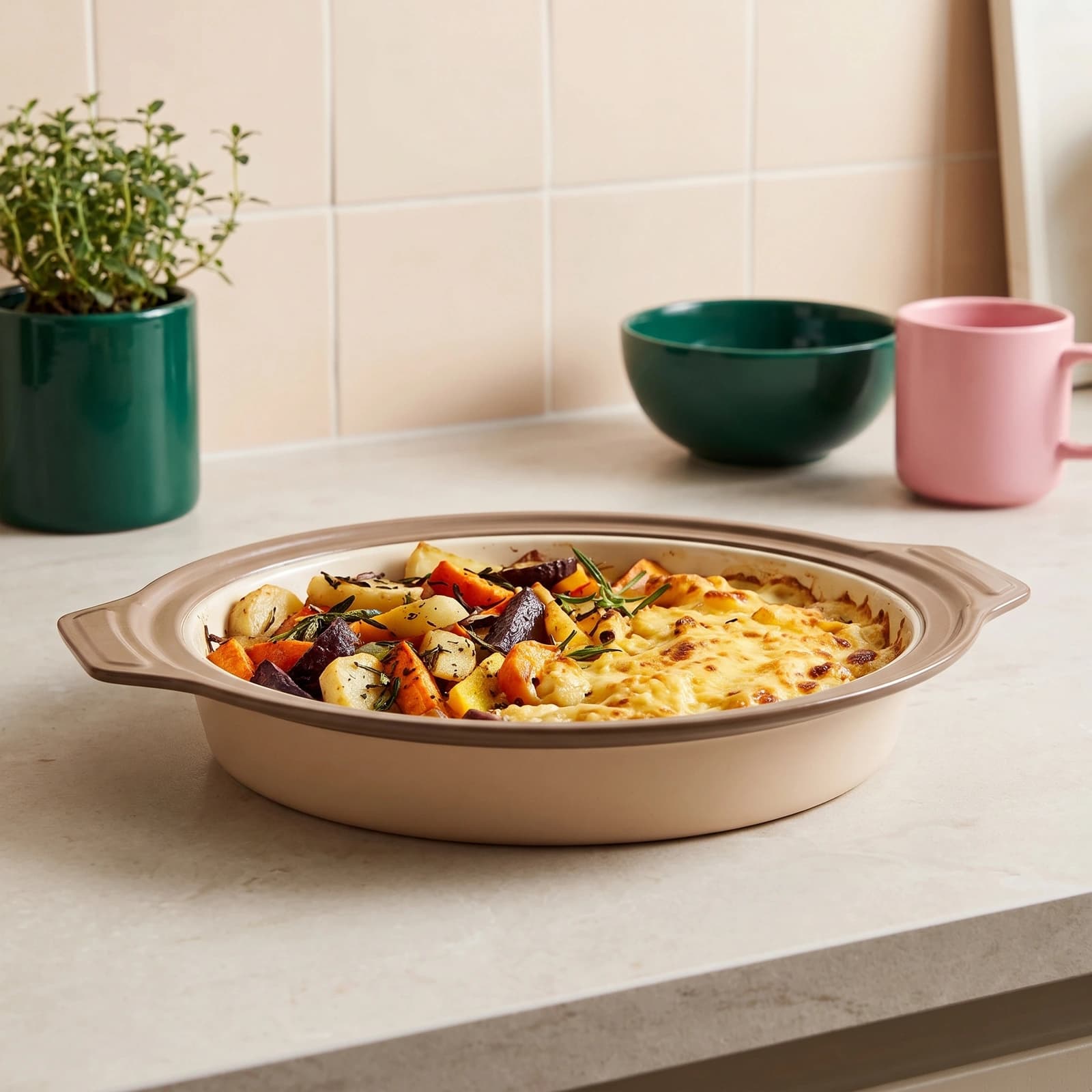 Beige and cream oval ceramic baking dish filled with roasted vegetables and a cheesy gratin, on a light kitchen counter.