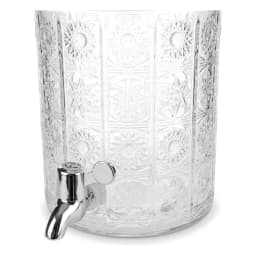 Clear glass beverage dispenser with decorative patterned body, silver spigot, and matching lid on a white background. - view 4