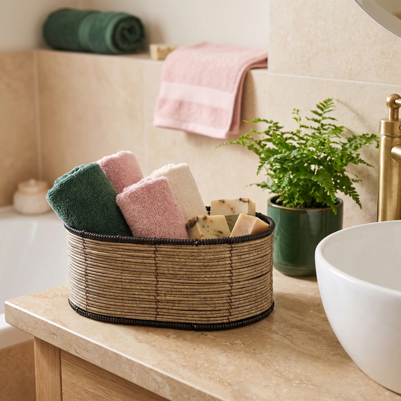 Round shallow storage basket made of light beige woven natural fibers with black coiled edges on a white background.