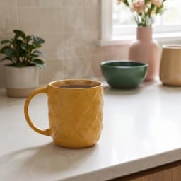 Single mustard yellow ceramic mug with textured embossed heart patterns and dark speckles on a white background - view 1
