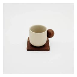Ceramic Cup with Wooden Handle & Coaster Set - Cream - view 2