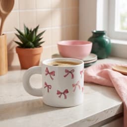 White ceramic mug with a large rounded handle and pink bow patterns, held in a hand, with other mugs in the background. - view 1