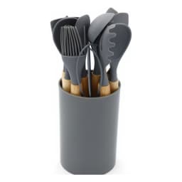 Kitchen Utensil Set - Silicone & Wood Handles with Holder - Black - view 3