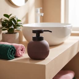 Spherical dark brown ceramic soap dispenser with ribbed texture at the bottom and a black pump on a white background - view 1