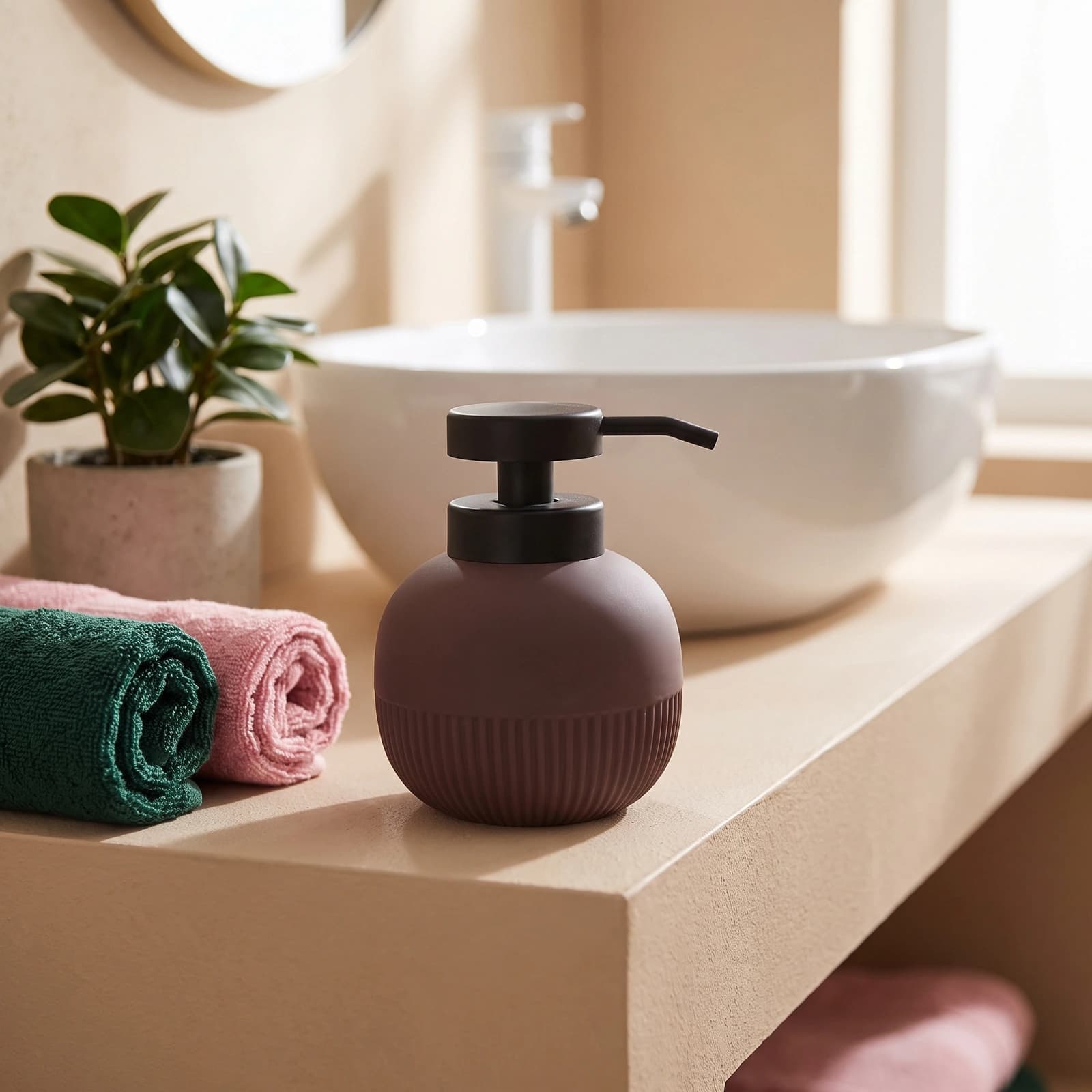 Spherical dark brown ceramic soap dispenser with ribbed texture at the bottom and a black pump on a white background