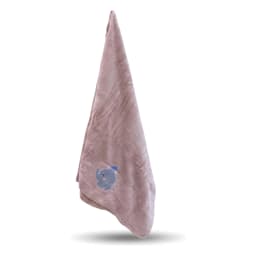 Single pink microfiber towel with a small blue and grey elephant design, hanging against a white background. - view 2