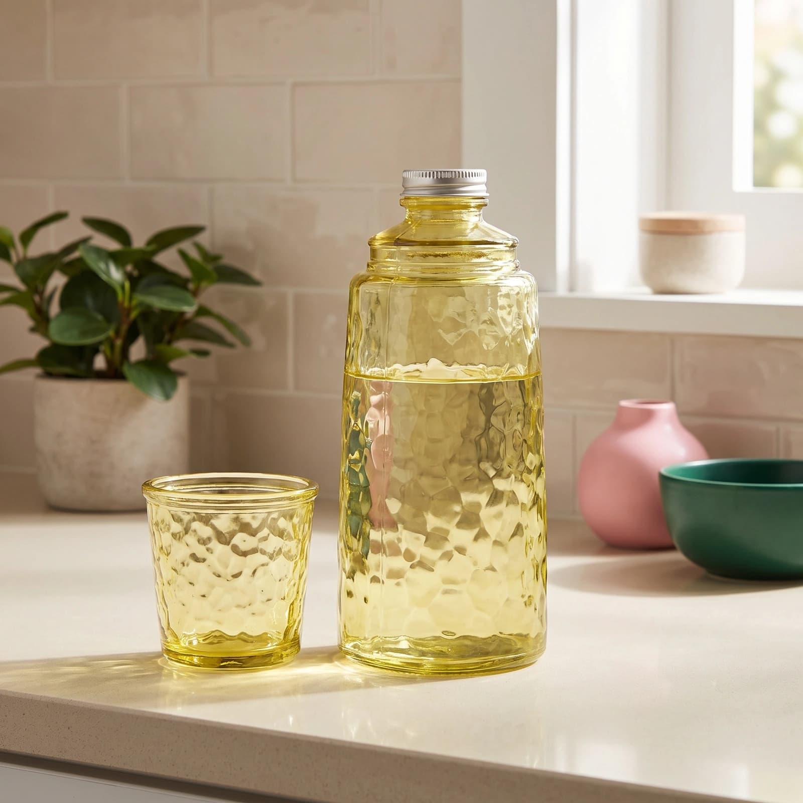 Light green textured glass bottle with silver cap and matching small glass cup on a white shelf.