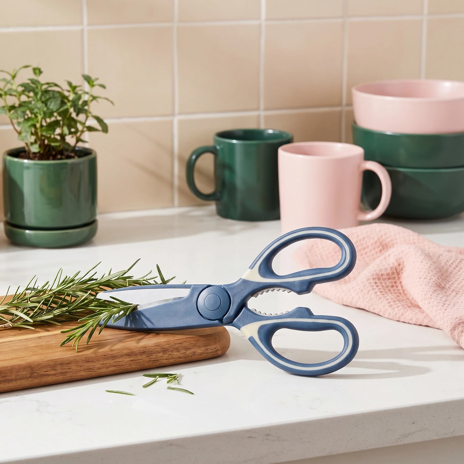 One pair of dark blue and cream silicone handle kitchen shears with serrated edge on a white shelf.