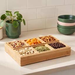 Light brown wood organizer with six square and rectangular compartments, arranged on a white background. - view 1