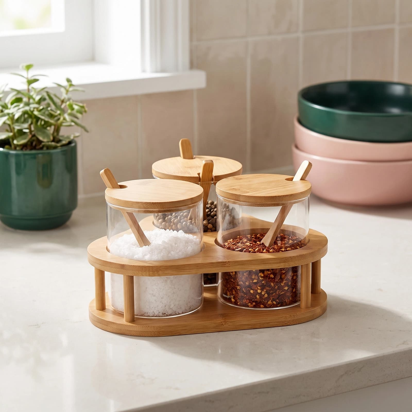 Three clear glass jars with light wood lids and spoons in a matching light wood stand on a white shelf.