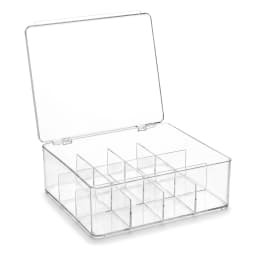 Clear acrylic storage box with a hinged lid and 12 compartments, filled with tea bags and coffee pods on a kitchen counter. - view 2