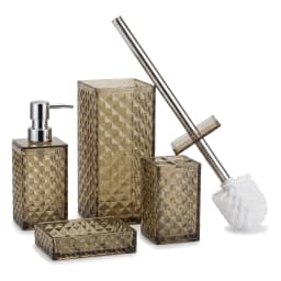 Five-piece smoky grey glass bathroom accessory set with diamond texture including soap dispenser, toilet brush holder, two c… - view 3