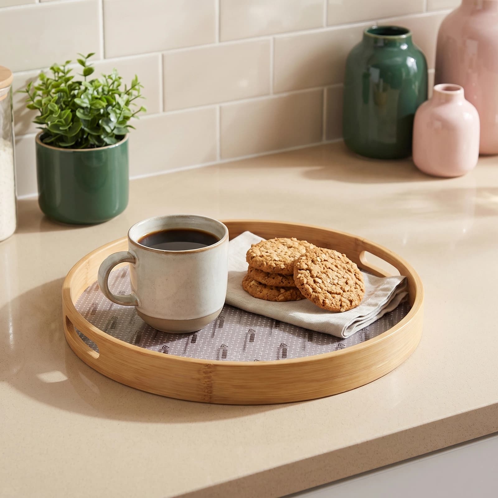 Round Wood Serving Tray with Patterned Base