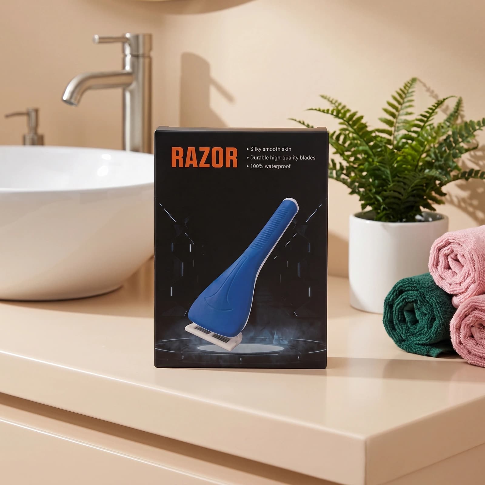 Blue manual razor in black packaging on a light beige bathroom counter next to a white sink and a green plant.