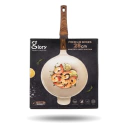 Brown speckled granite deep frying pan with a long wood-look handle and a short helper handle on a white background. - view 3